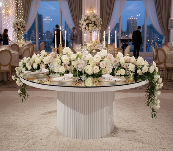 White Base Half Moon White Glass Table Rental UAE